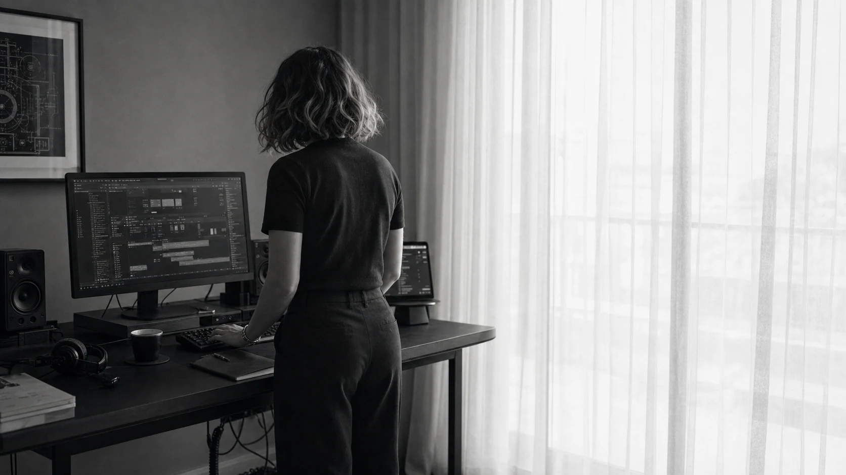 Manal working at her technology studio desk