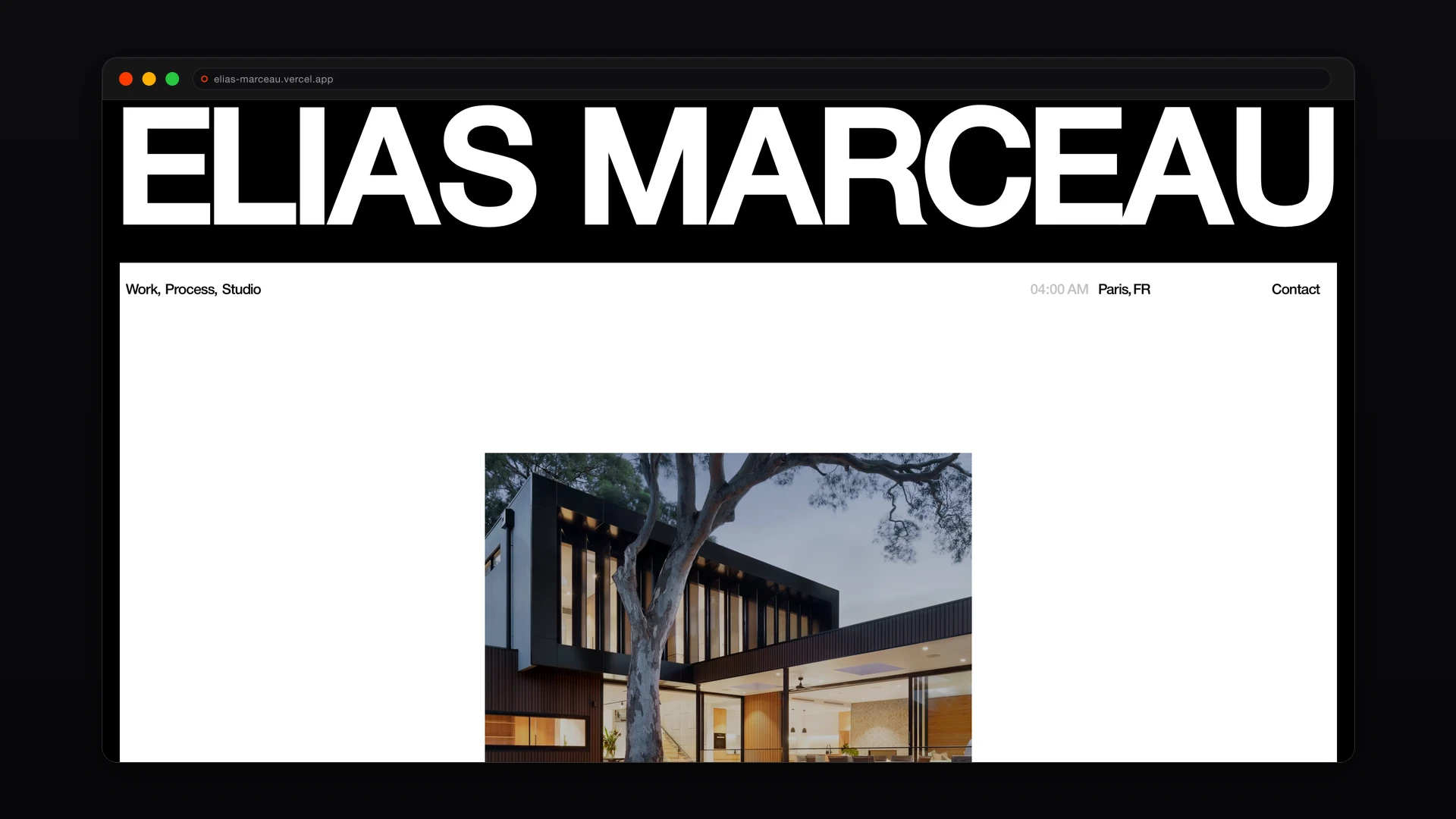 Elias Marceau architecture portfolio homepage displayed in a browser frame